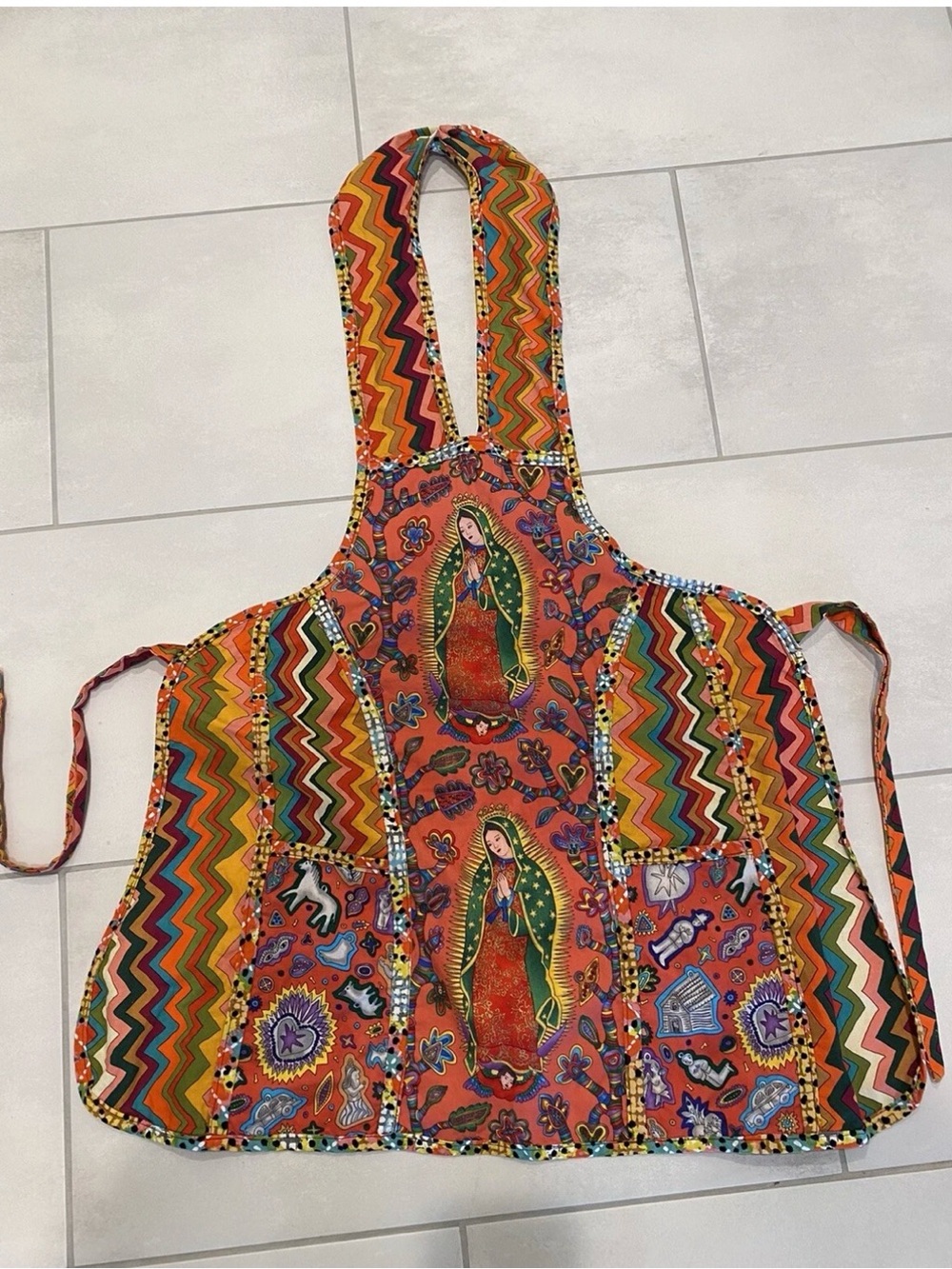 Vibrant Orange Patterned Our Lady of Guadalupe Cath Apron-003*